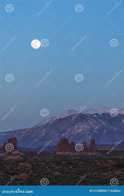 Moon Rising Over La Sal Mountain Moab Utah Stock Photo Image Of