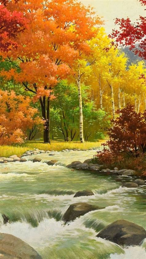 Autumn Landscape Painting River Wood Идеи озеленения Пейзажи