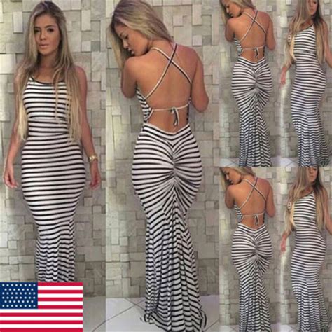 New Women Summer Vintage Boho Striped Long Maxi Evening Party Beach Dress Backless Strap