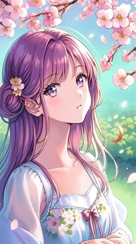 An Anime Girl With Long Pink Hair And Flowers In Her Hair Standing Under A Tree