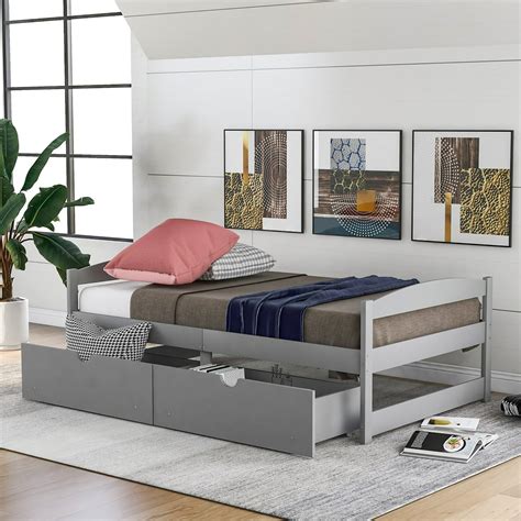 Platform Bed With Drawers Twin Size Gray Bed Frame With Two Pull Out