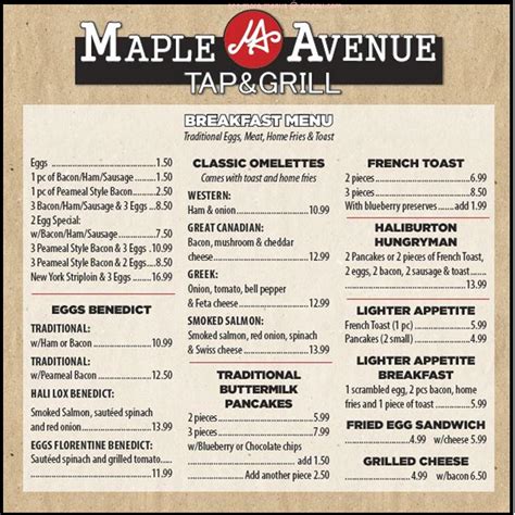 menu at maple avenue tap and grill pub and bar haliburton