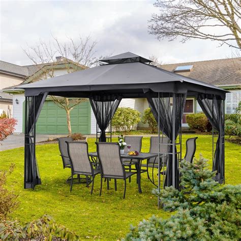 Egeiroslife 12 Ft W X 10 Ft D Gray Double Roof Patio Gazebo With