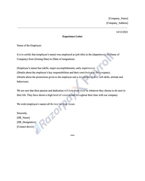 Experience Letter Format Free Samples And Templates Razorpay Payroll