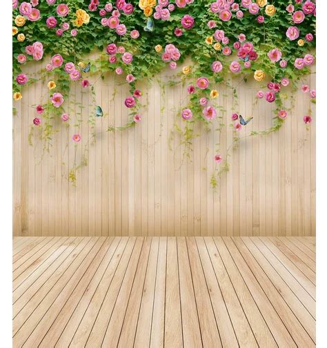5x7ft Pink Flowers Green Branch Light Color Timber Wall Wood Floor