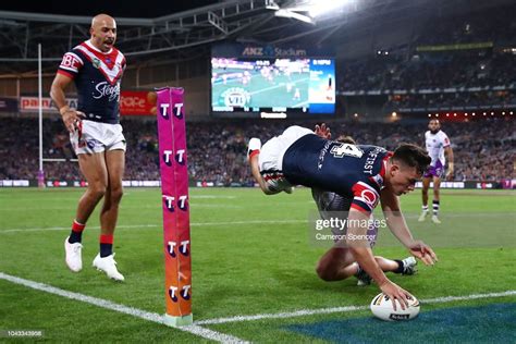 Joseph Manu Of The Roosters Scores A Try During The 2018 Nrl Grand