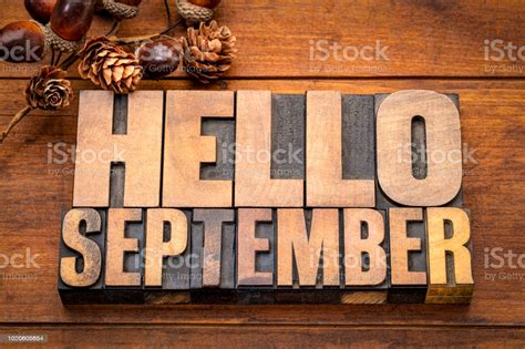 Hello September Word Abstract In Wood Type Stock Photo - Download Image Now - iStock