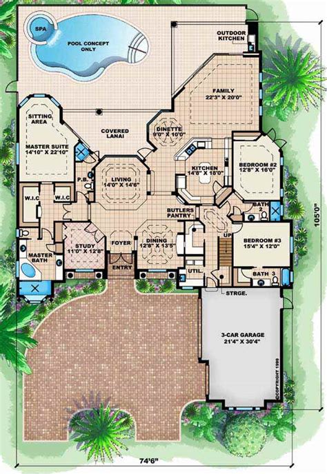 Mediterranean House Plan 3 Bedrooms 3 Bath 4000 Sq Ft Plan 55 130