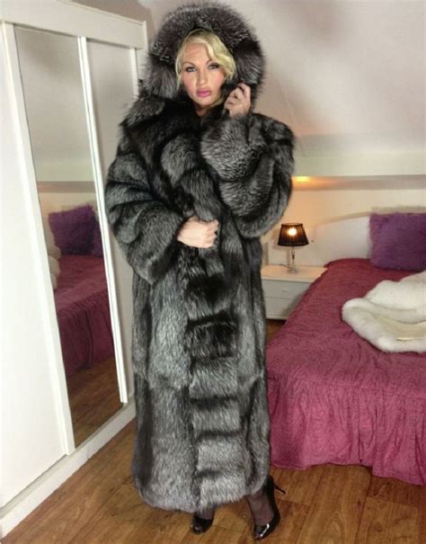 long hooded silver fox fur coat Шуба Женщина Мех