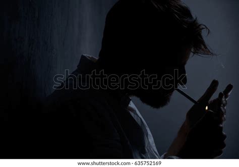 Depressed Man Smoking Cigarette Dark Room Foto De Stock 635752169