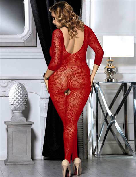 Plus Size Crotchless Floral Fishnet Red Bodystockings Ohyeah888