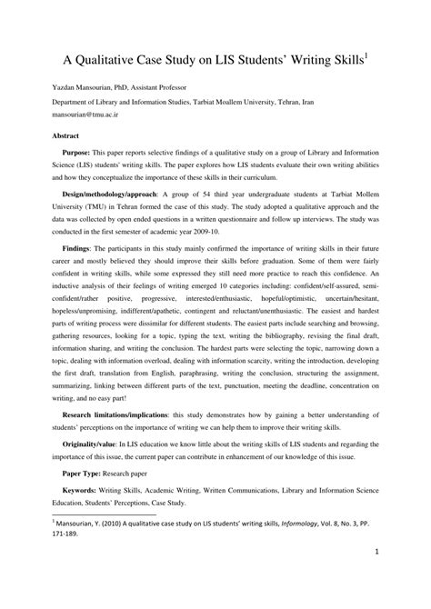 Case studies as qualitative research 29 interpretation rather than hypothesis testing. (PDF) A Qualitative Case Study on LIS Students' Writing ...