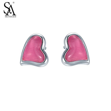 SA SILVERAGE Earing Silver 925 Studs Heart Pink Gemstone Sterling