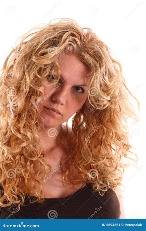 Portrait Of A Woman With Long Blonde Curly Hair Stock Photo Image Of