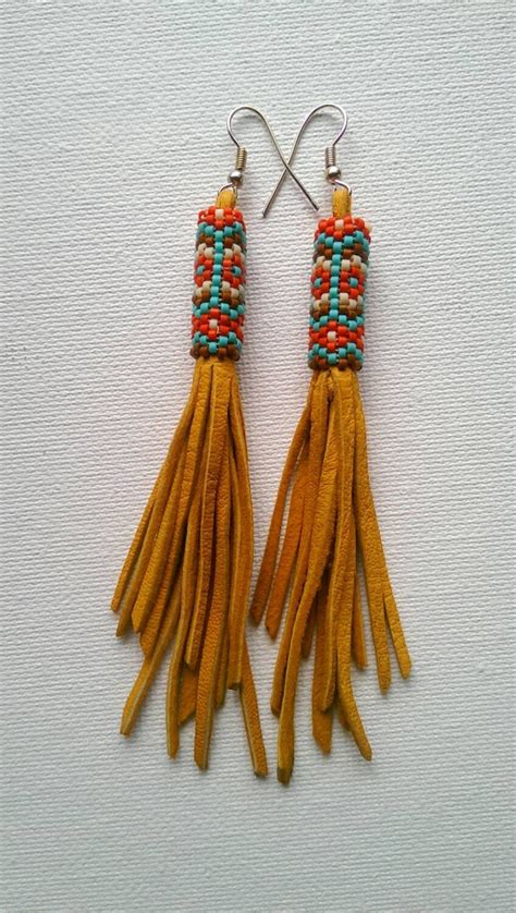 Beaded Delica Leather Tassel Earrings Native American Made Beaded