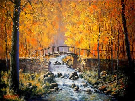 Painting Bridge Autumn Forest River Art Color Water Lovely