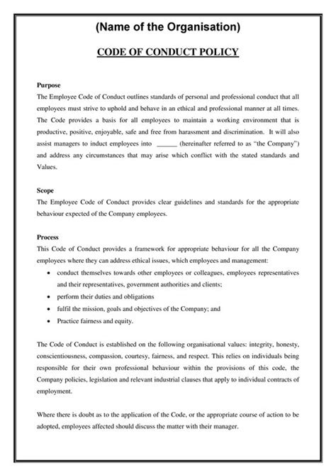 Employee Code Of Conduct Policy Download Pdf Word
