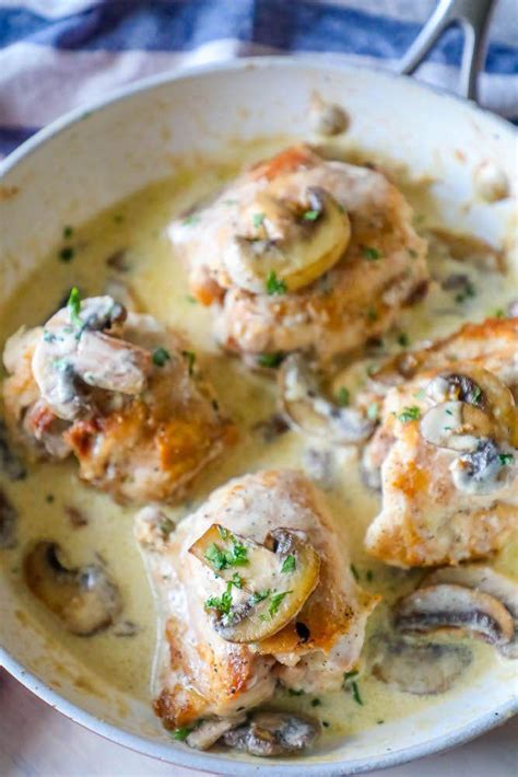 Quick chicken thigh recipes are midweek lifesavers, and these garlic chicken thighs are one of my gold nuggets! Creamy Garlic Chicken Thighs and Mushrooms Recipe ⋆ Sweet Cs Designs | Mushroom recipes, Food ...