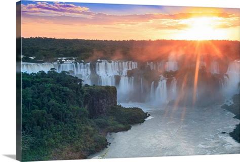 Sunrise Over The Iguacu Iguazu Falls From The Brazilian Side Of The