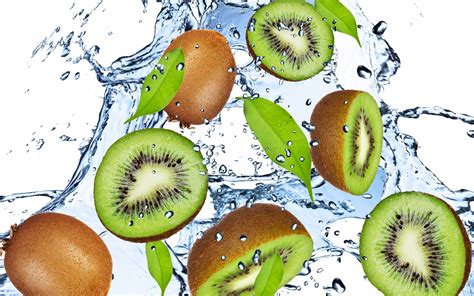 Wallpaper Kiwi Fruit Green Water Drops Sprays Freshness