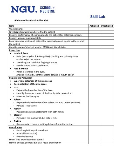 Abdominal Examination Checklist Skill Lab Abdominal Examination