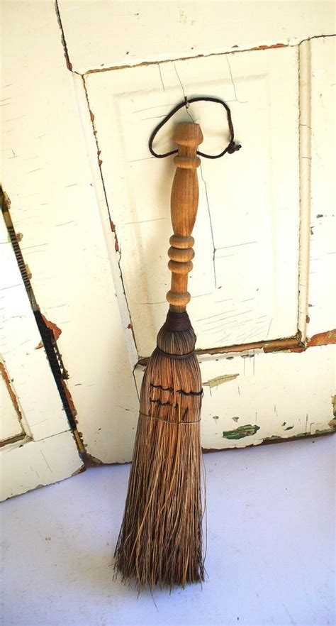 Witchs Antique Hearth Broom Carved Wood Handle Leather