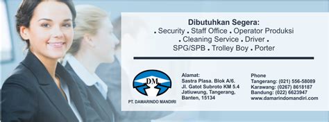 Cari daftar alamat dan info lowongan kerja perusahaan outsourcing di bidang jasa pengelola yayasan outsourcing pt damarindo mandiri merupakan perusahaan jasa pengelola dan pengadaan tenaga kerja di bidang keamanan, kebersihan. Tlp 0215915483 Lowongan Yayasan Jasa Security Operator Produksi Tangerang - Home | Facebook
