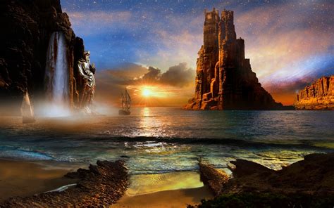 Anime, anime girls, digital, digital art, artwork, night, anime sky. Mist, Nature, Digital Art, Beach, Rock, Sailboats, Sea ...