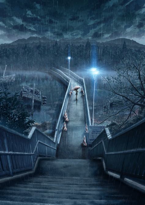Anime Night Heavy Rain Rain Umbrella Bridge Water