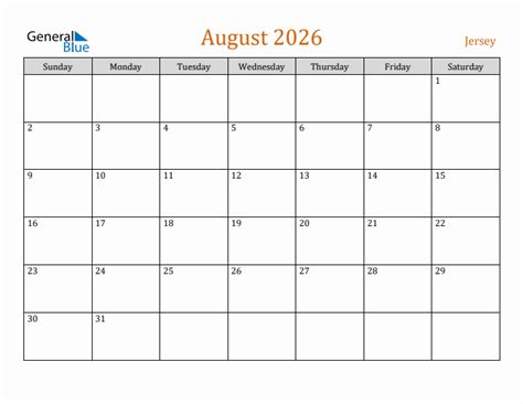 Free August 2026 Jersey Calendar
