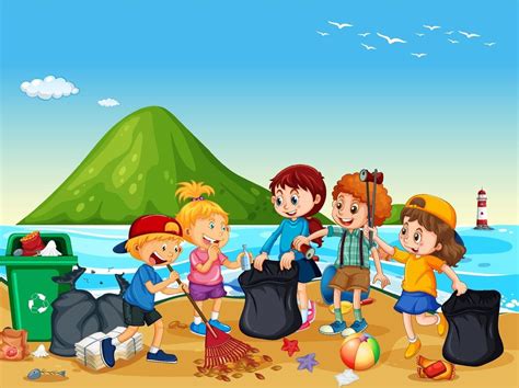 Escena De Playa Con Un Grupo De Niños Limpiando La Playa 2037405