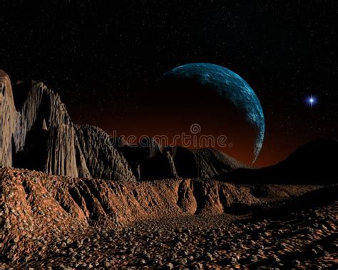 Alien Planet With Desert And A Big Moon 3d Illustration Stock