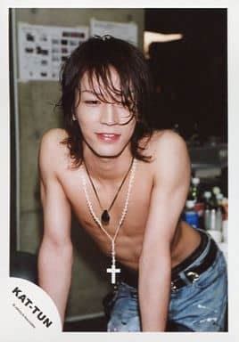 KAT TUN Kazuya Kamenashi Knee Up Upper Body Naked Both Hands Jeans Necklace Eye Down