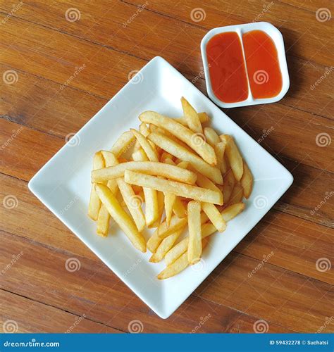 French Fries With Ketchup On Wooden Table Stock Photo Image Of Food