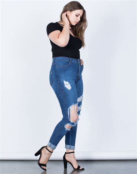 Plus Size High Waisted Cuffed Denim Jeans 2020ave