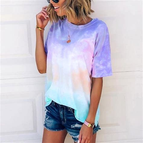 Buy Summer Womens Fashion Loose Casual Short Sleeve Floral Gradients