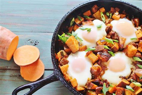 Sweet Potato And Bacon Hash With Baked Eggs Syrup And Biscuits