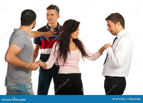 Woman Between Three Guys Stock Image Image Of Flirting 28313661