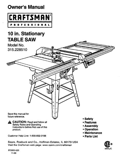 Craftsman Inch Table Saw Parts List Reviewmotors Co
