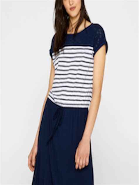buy esprit women navy blue and white striped a line dress dresses for women 10270091 myntra