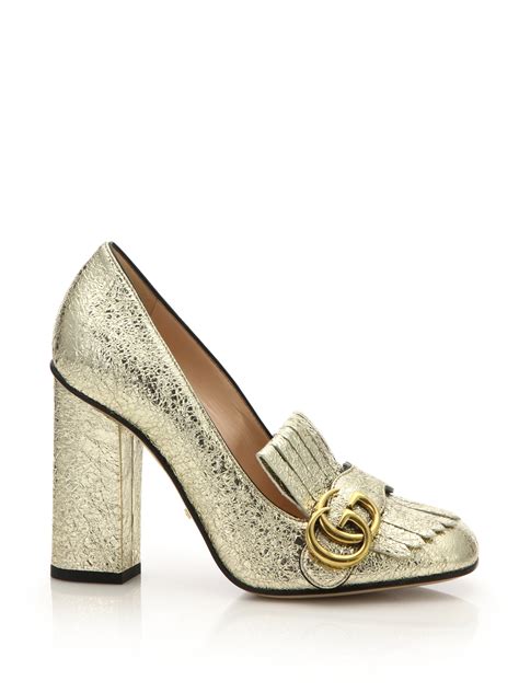 Gucci Marmont Gg Metallic Leather Pumps In Gold Platinum Lyst