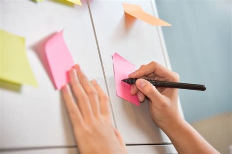 Female Hand Writing On Post It Notes Stock Photo Image Of Design