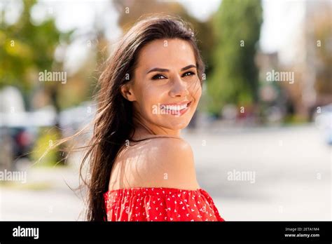 Profile Side Photo Of Charming Pretty Young Lady Wear Red Off Shoulders