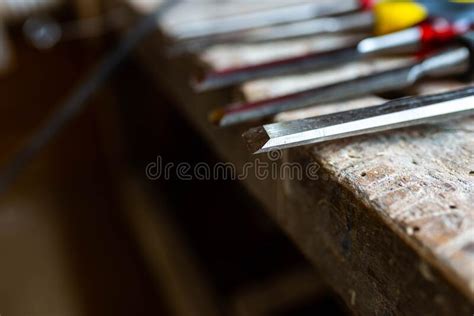 Sharp Chisels In Row On Aged Old Oak Wood Workbench Stock Photo Image