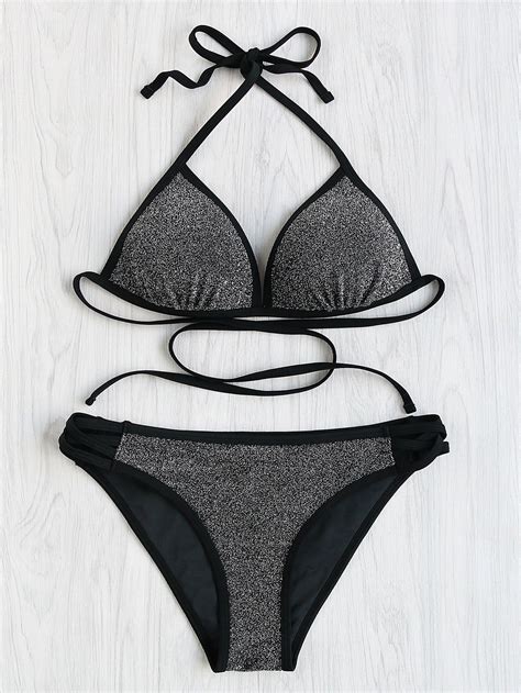 Shop Glitter Self Tie Criss Cross Side Bikini Set Online Shein Offers