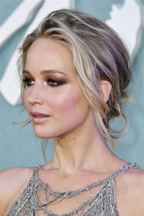 Jennifer Lawrence Wavy Light Brown All Over Highlights Updo Hairstyle