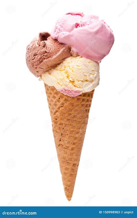 An Ice Cream Cone With Three Different Scoops Of Ice Cream Stock Image