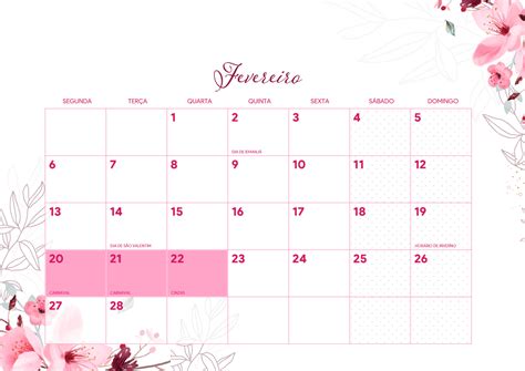 Calendario 2023 Floral Rosa Fevereiro Fazendo A Nossa Festa