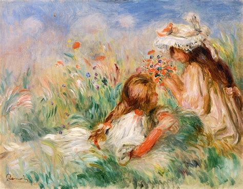 Girls In The Grass Arranging A Bouquet Painting Pierre Auguste Renoir