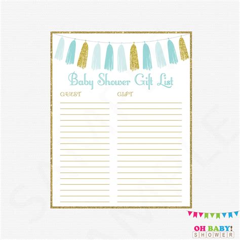 Free bridal shower watercolor flower games printable package instant download. Printable Gift List Boy Baby Shower Guest Sign-in Sheet